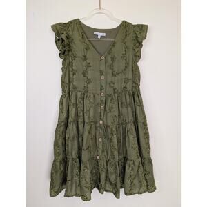 Baltic Born Dress Womens Medium Green Embroidered Floral Button Front Tiered